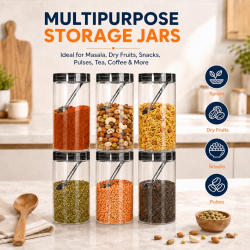 Image of Homeor Plastic Storage Jar & Containers With Spoon, Airtight & BPA Free Containers for Kitchen Storage, Grocery Kitchen Container, Multipurpose Jar, Fridge Storage Container, 2000 ML Set 6, Black