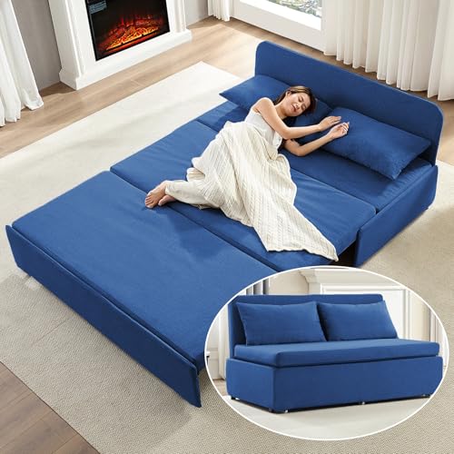 Image of BALUS 43 inch W Queen Size Sleeper Couch Bed Pull Out Sofa with Pullout Beds, 2 in 1 Convertible Linen Single Sleepers Sofas Chair with Foldable Mattress and Pillows for Small Space Apartment, Blue