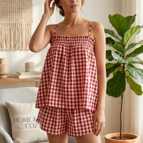 Image of Yuemengxuan Women 2 Piece Casual Lounge Set Sleeveless Strappy Tie Back Cami Top Wide Leg Shorts 2Pcs Summer Pj Set Beachwear