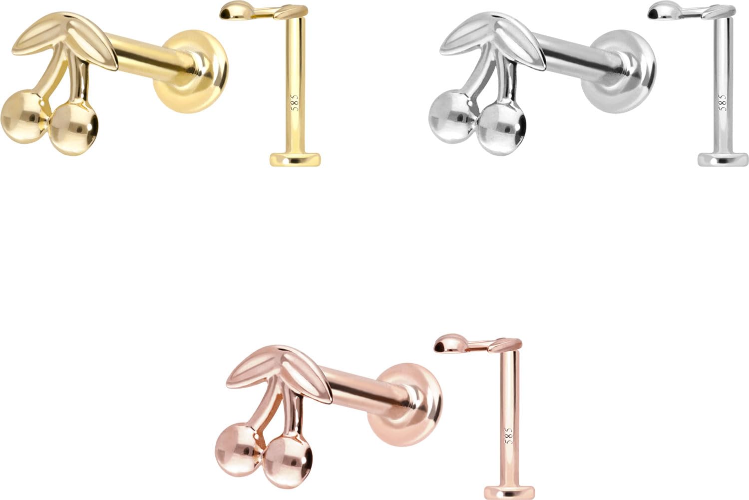 PIERCINGLINE Piercing Stecker 14 Gold Labret mit Push Fit KIRSCHEN 585er Gold - Roségoldfarben, Goldfarben, Silberfarben