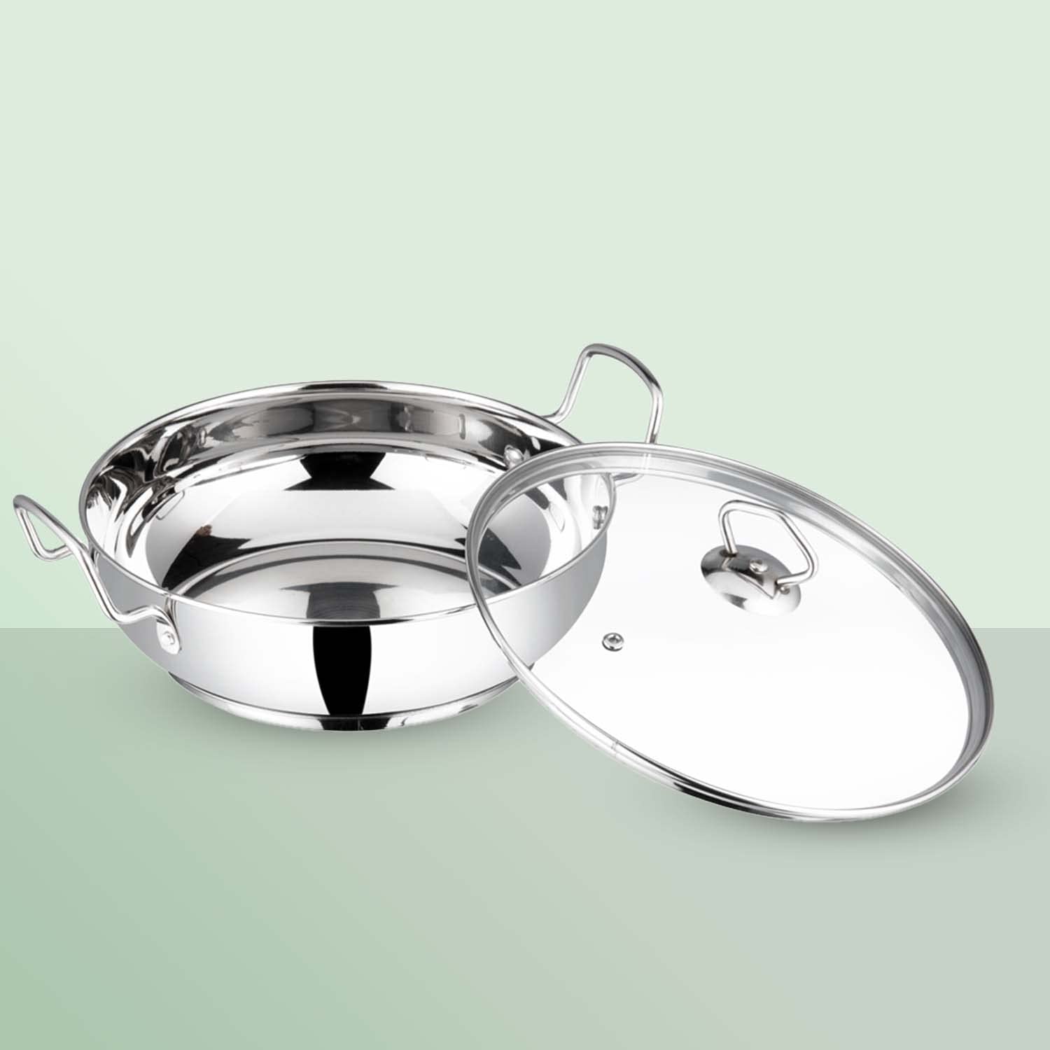 Vinod Inductievriendelijke Kadai Wok Frypan Roestvrij Staal voor Alle Kookplaten met Glazen Deksel, 26cm, 3.7 LTR, door VINOD, Zilver Vinod Inductievriendelijke Kadai Wok Frypan Roestvrij Staal voor Alle Kookplaten met Glazen Deksel, 26cm, 3.7 LTR, door VINOD, Zilver