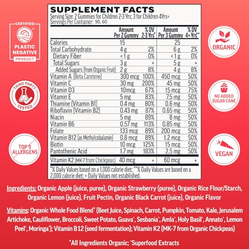Image of Llama Naturals Kids Multivitamin Gummies | Real Fruit, No Added Sugar Cane | Organic Vegan Toddler Whole Food Vitamins | Vitamin D, C & Beta Carotene Gummy Supplement | Strawberry 180 Ct (2-3 Months)