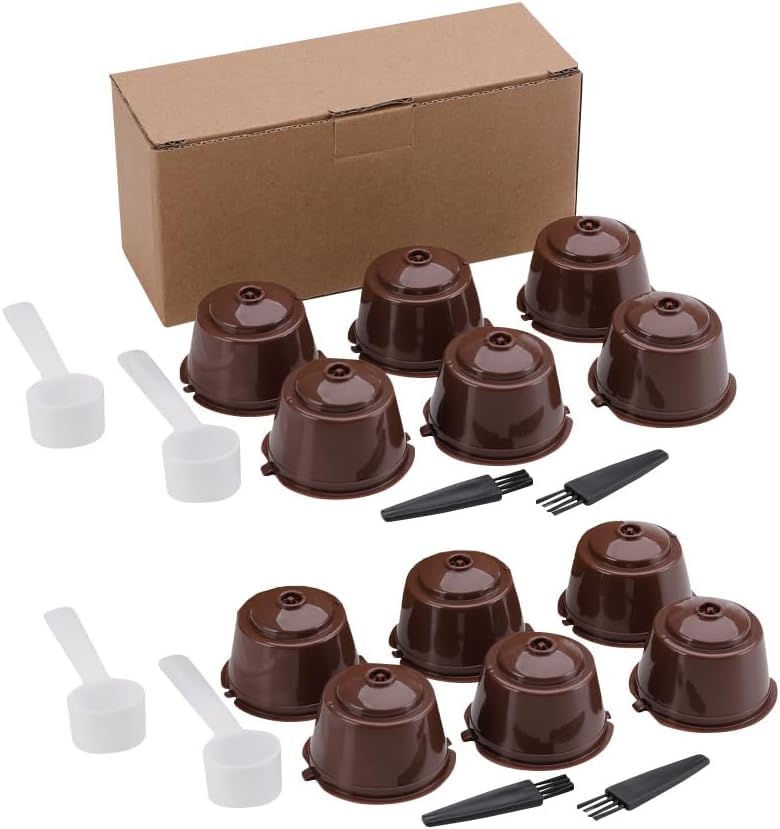 Confezione da 12 capsule riutilizzabili e ricaricabili per filtro caffè per macchina da caffè Dolce Gusto, Resistenti a più di 250 utilizzi di sostituzione delle capsule, Spazzole e cucchiai, Marrone