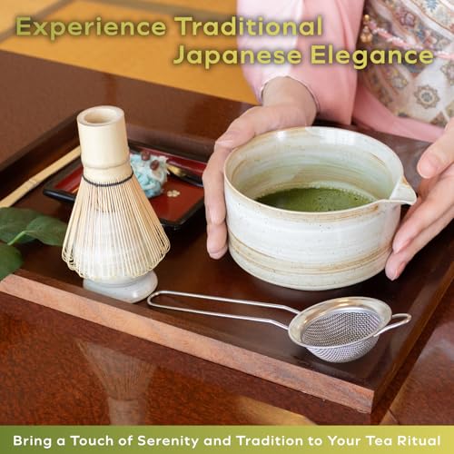 HIBINO Japanese Matcha Set | Matcha Bowl with Spout | Whisk & Holder | Bamboo Scoop & Stainless Sifter | 5-Piece Traditional Matcha Kit | Designed in Japan |「Rustic Beige」 - Thumbnail 5