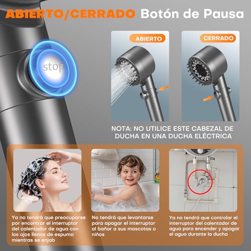 Miniatura 4 de FEELSO Alcachofa de Ducha con Filtro de 15 Pasos, Alcachofa Ducha Antical 3 +1 Modos de Rociado Cabezal de Ducha de Alta Presión (Gris)