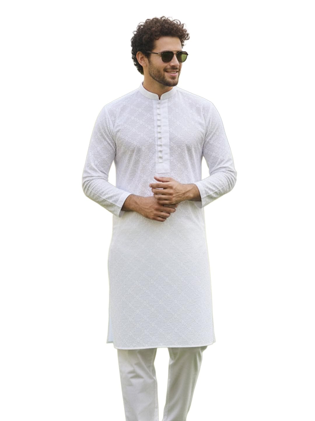 Men White Chikankari Embroidered Straight Kurta (VS03)-image-4