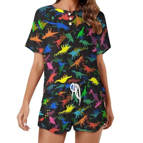 Pyjama court femme dinosaure en coton léger pour l'été
