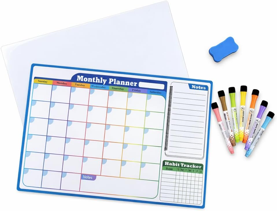 Magnetic Dry Erase Calendar Whiteboard Set – Monthly Weekly Planner, Habit Tracker, Grid & Blank Boards with 7 Markers & Eraser, Fridge Magnet Organizer for Home & Office Gift
