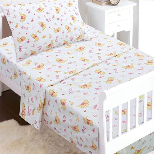 Image of Cozy Line Home Fashions Piglet & Pooh Floral Garden 3 Piece Pink Cotton Toddler Sheet Set