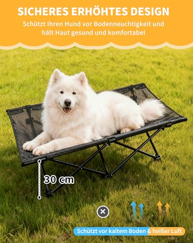 KingCamp Erhöhtes Hundebett Hundeliege Outdoor Haustierbett Haustierliege Atmungsaktivem Mesh & Wildledermatte & Rutschfesten Füßen für Reisen Garten Outdoor Indoor, Schwarz 121 × 68 × 30 cm