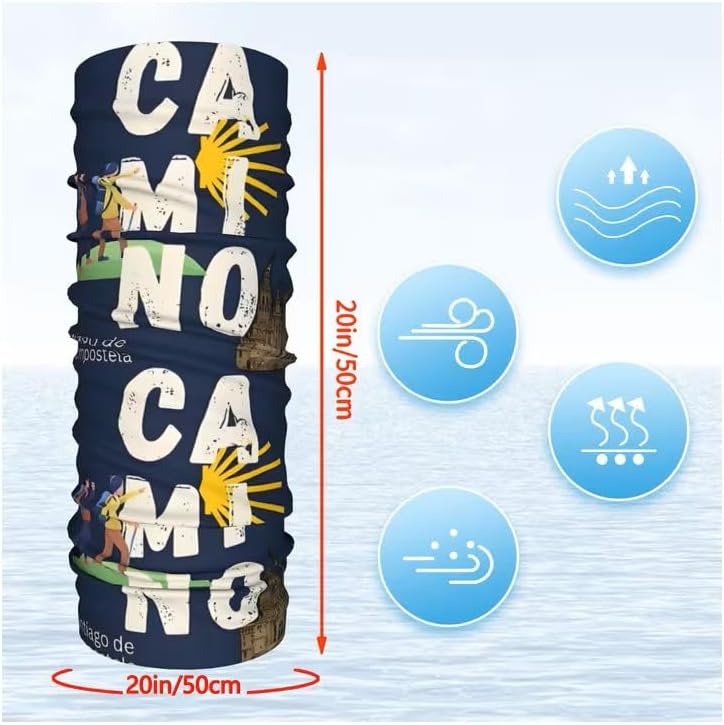 Way of Saint James Camino de Santiago Multifunctional Scarf Blue Tubular Scarf with Cathedral and Pilgrim Motif Seamless 50 cm