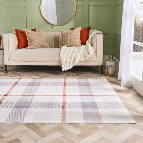 OHS Hallway Runner Rug Check, Printed Rugs Living Room Washable Runner Rugs for Hallway Soft Non Slip Low Pile Vintage Long Kitchen Floor Runners, Rust/Natural - 66 x 200cm