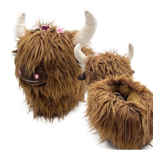 Highland Cow Slippers, Fluffy Warm Plush Animal Slippers with Non-Slip Sole, Cute Cartoon Cow House Slippers for Women and Men