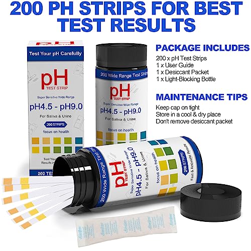 PH Test Strips for Urine & Saliva - 200ct Urine PH Test Strips for Humans, Fast & Accurately Track & Monitor Your pH Level (4.5-9.0ppm) in Seconds, Quick & Easy to Test Alkaline & Acid Levels in Body