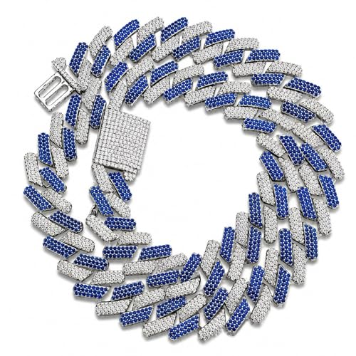 Collier Miami chaîne cubaine 20mm orné de diamants CZ bleus et zircone glacée pour homme femme