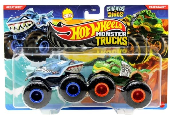 Hot Wheels Monster Trucks Ragesaur vs Shark Bite, Demolition Doubles, scala 1:64, metallo pressofuso, confezione da 2