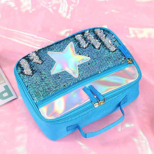 Aoutacc BLUE STAR Handheld Lunch Box, Reusable Insulated Flip Sequins Lunch Tote Bag, Handheld Box Roomy Carry Bag Lunchbox Gifts For Women,Glittering Shining Travel Meal Tote Kit thumb #3