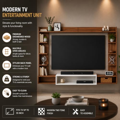 Image of FURNEASER TV Unit for Living Room Upto 60 Inches | Oreleaa Engineered Wood Wooden TV Cabinet | Modern TV Stand, TV Table & Entertainment Center with Storage & Display Shelves (Exotic Teak & White)