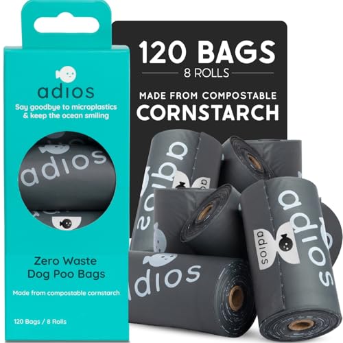 Adios - Compostable Dog Poop Bags, 120 Count (8 Rolls) - Grey Colour - Extra Thick, Leakproof, Odour Proof Dog Waste Bags - Made from Compostable Cornstarch - Easy Tear Rolls