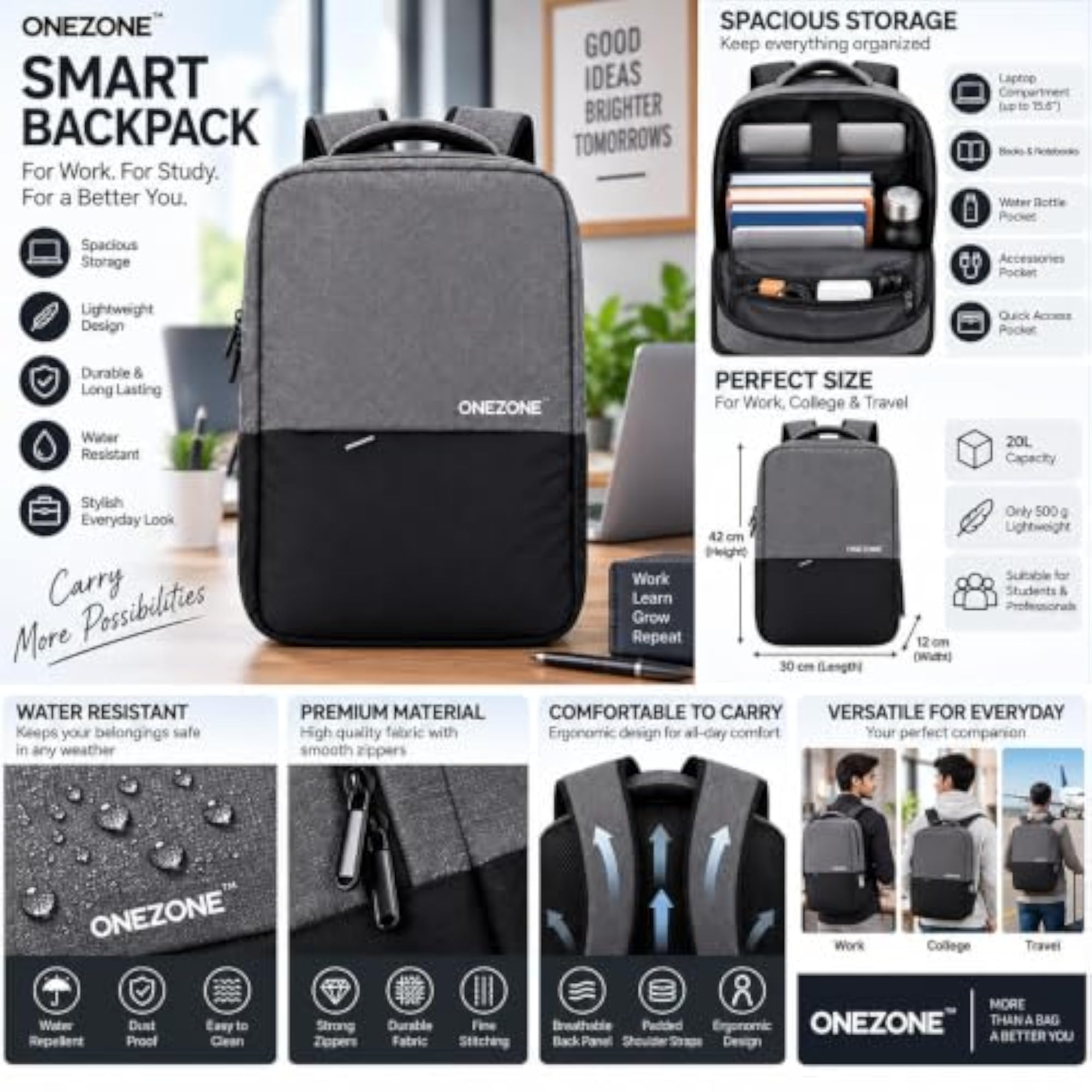 Water Resistant 15.6 Inch Laptop Backpack, Spacious Compartments