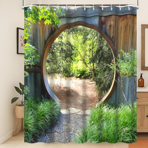 Xiaoterna Rideau de Douche Jardin Japonais Forêt de Printemps Rideau de Salle de Bain Paysage Naturel Porte en Bois Rustique en Forme de Cercle Plante Verte...