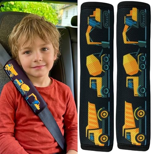 HECKBO 2x Kinder Auto Gurtpolster Gurtschutz mit Baufahrzeuge Motiv - Jungen Sicherheitsgurt Polster für Kinder und Babys- Ideal für jeden Gurt Autositzerhöhungen Kinder Fahrradanhänger Fahrrad