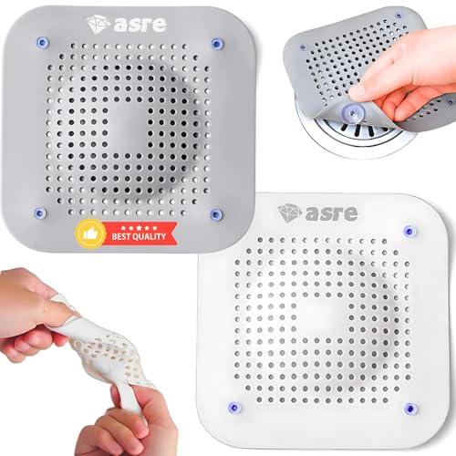 2Pcs Atrapa Pelos de Silicona con Ventosas Mejoradas | Filtro de Desagüe para Ducha, Bañera y Fregadero | Protector de Drenaje Antideslizante y Antiatascos | Fácil de Limpiar [Blanco + Gris]