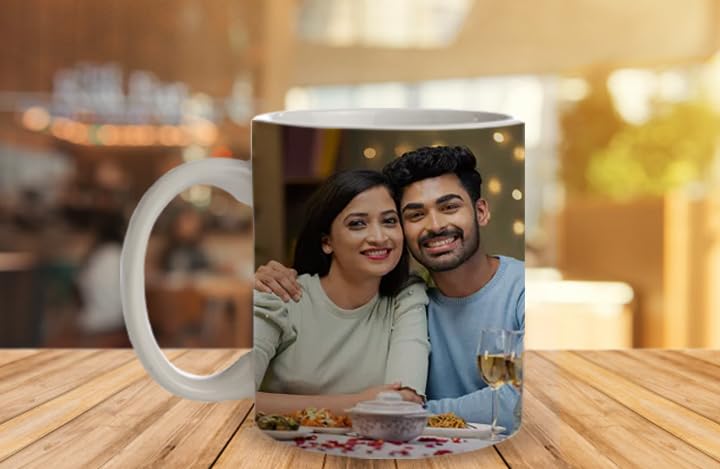 Image of Friendship Day Custom Photo Collage LED Lamp, Personalised Acrylic Night Light for Best Friends, Warm White, Wooden Base, Touch Control, Modern Style (White Mug)