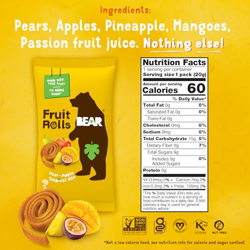 Image of BEAR Real Fruit Snack Rolls - Gluten Free, Vegan, and Non-GMO - Tropical - 36 Rolls, Healthy School And Lunch Snacks For Kids And Adults, 0.7 Ounce (Pack of 18)