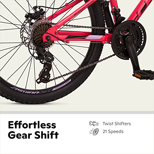 Image of Schwinn High Timber ALX Mountain Bike for Youth Boys Girls, 24-Inch Wheels, 21-Speeds, Front Suspension, Aluminum Frame, Mechanical Disc Brakes, Coral