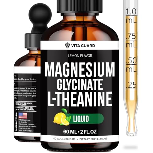 Vita Guard Magnesium Glycinate Liquid Drops 500mg Liquid Magnesium Supplement with L-Theanine 200mg Sleep Calm Stress Relief Muscle & Nerve Health Gluten Free No Sugar Vegan 2 Fl Oz