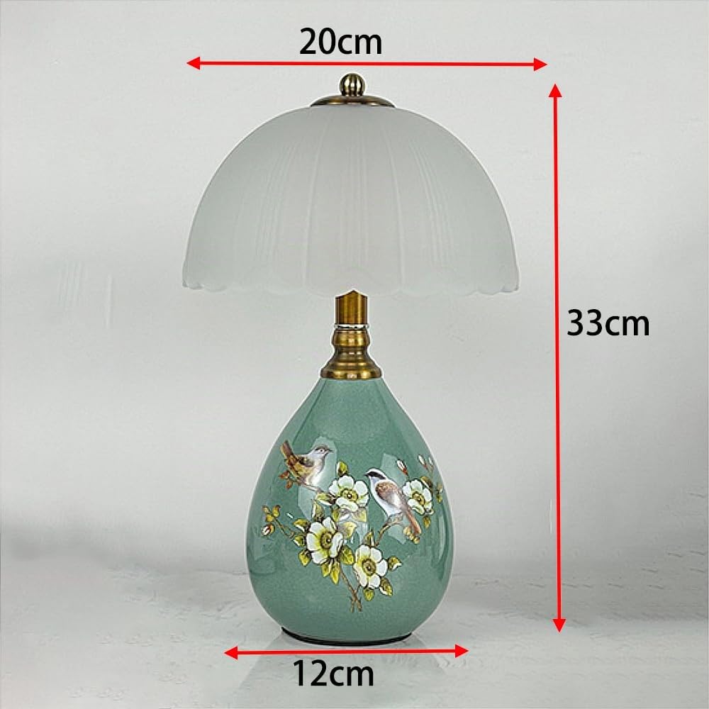 XINYASEE Lampe de chevet - Lampe de table en céramique, design en forme de goutte d'eau, décorée de motifs floraux et d'oiseaux, douille E27, trois couleurs de lumière, dimensions : 20 * 33 cm (Vert)