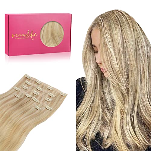 Image of WENNALIFE Invisi Edge Clip in Hair Extensions Human Hair 7pcs Ultra Invisible 50% Thinner Seamless Clip Ins Light Blonde Highlighted Golden Blonde Natural Remy Hair 18 inch