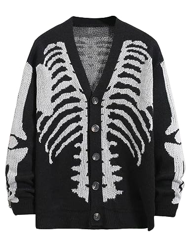 Wyeysyt Men's Skeleton Print Cardigan Sweaters Long Sleeve