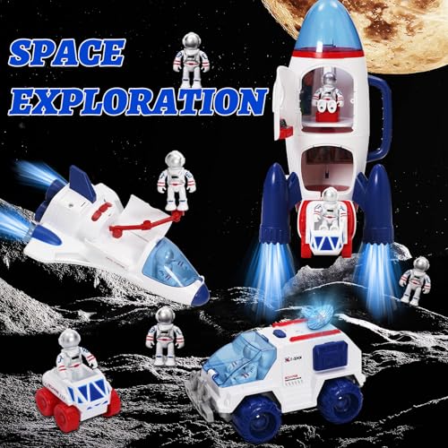 YULEYU Raumschiff-Spielset mit Licht und Sound für Jungen und Mädchen, inklusive 3 Astronautenfiguren, 1 Weltraumrakete, 2 Weltraumrovern, 1 Shuttle, Astro Venture Spielset