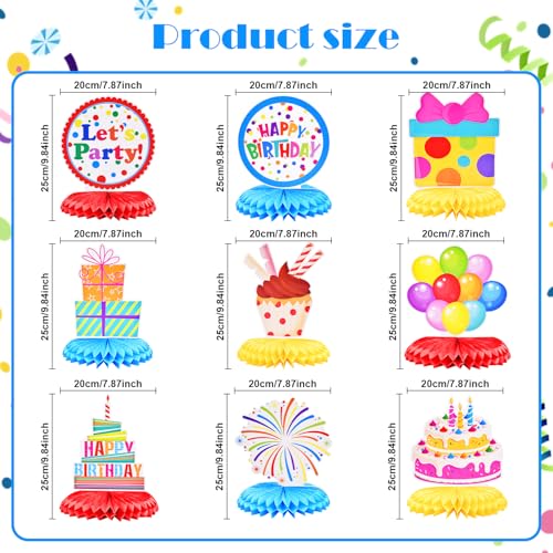 Image of 9 Pieces Birthday Honeycomb Centerpieces Table Decor, Colorful Cake Balloon Gift Box Happy Festive Pattern Table Topper Ornaments Signs, Fun Birthday Party Decorations