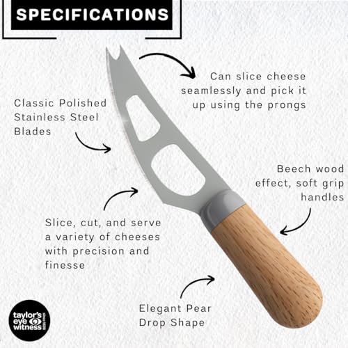 Taylors Eye Witness 4 Piece Cheese Knife Set - Stylish Cheese Knives Gift Box Set. with Elegant Beech Wood Effect, Peardrop Shape Handles & Classic Polished Stainless Steel Blades. 2 Year Guarantee - Image 4