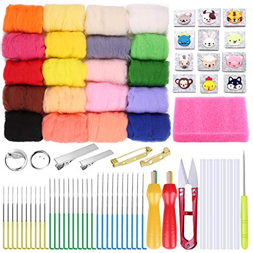 78PCS Needle Felting Kit, Wool Felting Kit, 20 Colors Wool Roving for Needle Felting(10g/Color), Needle Felting Starter Kit with Wool Felt Mold, Felting Needle, Foam Mat, Felting Tool Holder