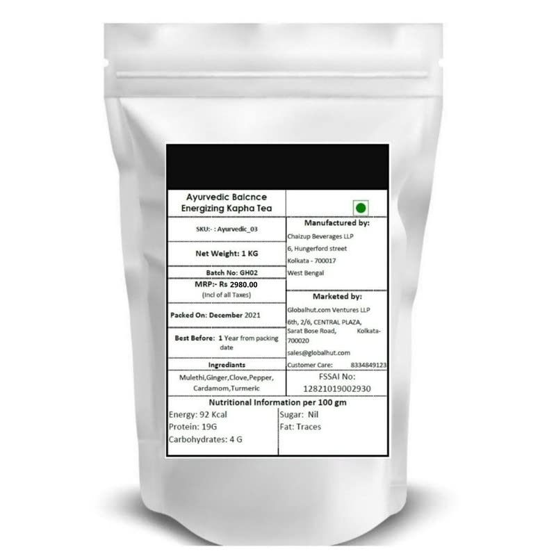 Image of Siyacha Tea Ayurvedic Balance Energizing Kapha Herbal Infusion , , Caffeine Free Tisane , with Mulethi , Ginger , Clove , Pepper , Cardamom , Turmeric Blend , Indian Loose Leaf Beverage , Improve Skin Health , 1 KG ,