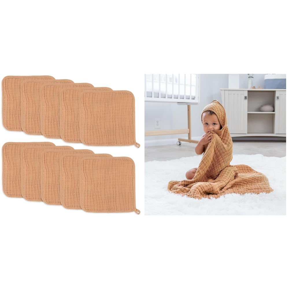 Comfy Cubs Baby Washcloths, Muslin Cotton Baby Towels and Baby Hooded 9 Layer Muslin Cotton Towel Bundled