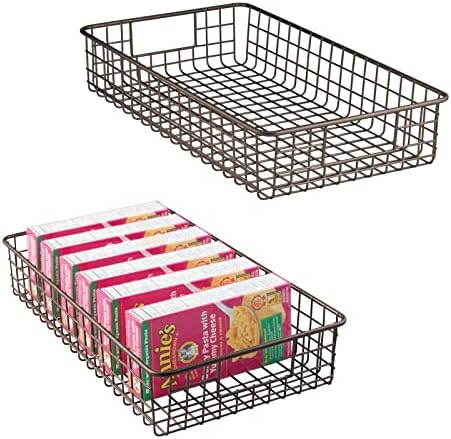 mDesign Metal Wire Food Storage Shallow Bin Basket with Handles for Organizing Kitchen Cabinets, Counter, Pantry Shelf - Perfect for Snacks, Drinks - Concerto Collection - 2 Pack - Bronze
