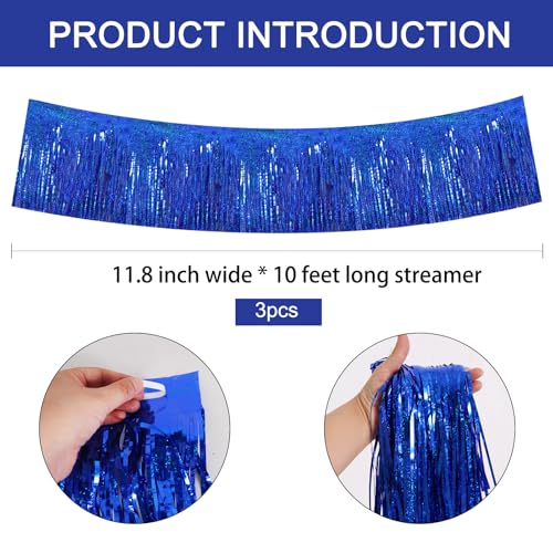 Image of BEISHIDA 3 Packs Metallic Foil Fringe Garland Laser Blue Wall Hanging Tinsel Fringe Banners for Car Floats Bridal Shower Wedding Birthday Easter Graduation Holiday Party Decoration(30 Feet)
