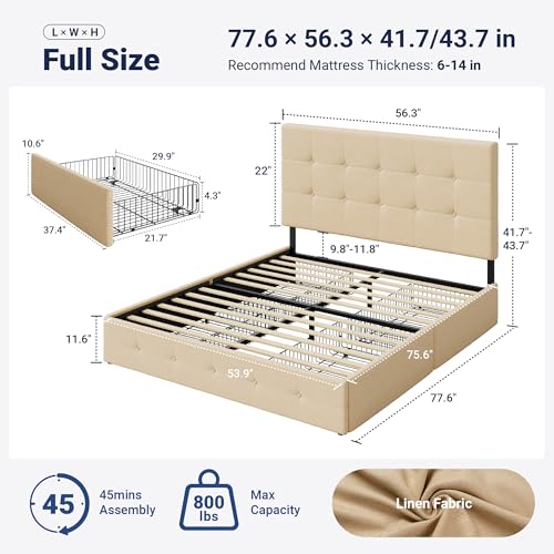 Image of Allewie Upholstered Full Size Platform Bed Frame with 4 Storage Drawers and Headboard, Square Stitched Button Tufted, Mattress Foundation with Wooden Slats Support, No Box Spring Needed, Beige