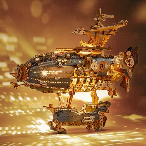FUNPOLA LED 3D Wood Puzzle Fantasy Airship Model - Steampunk DIY Craft Kit with LED Lights – Intricate Wooden Airship Model Building Set for Teens...