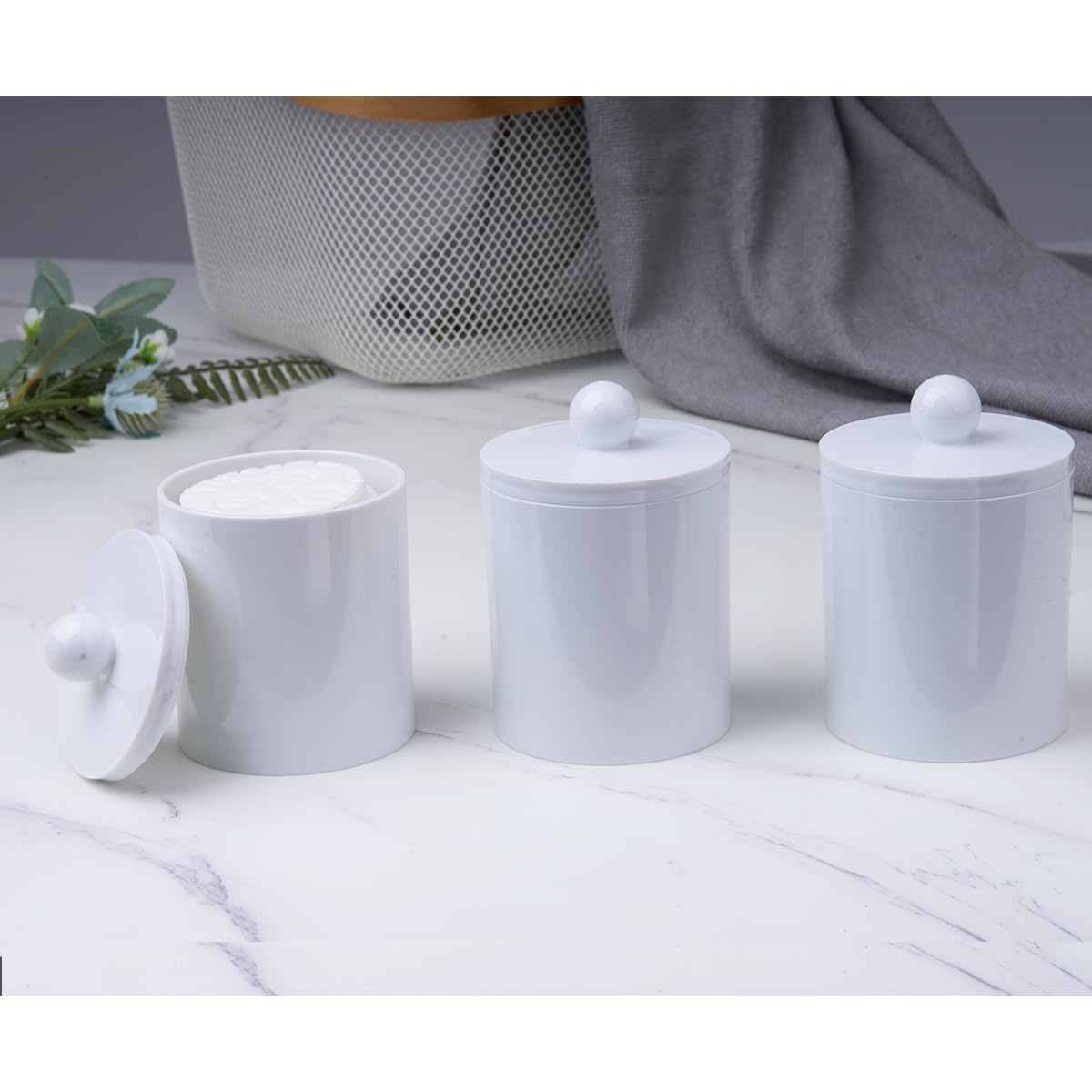 Qtip Dispenser Holder Bathroom Vanity Storage Canister 3 Pack White Cotton Swab Containers with Lids-Bathroom Organizer Jars for