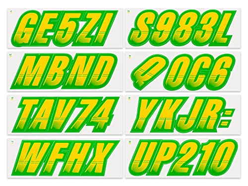 Image of STIFFIE Techtron Yellow /Green 3 inch Boat & PWC Registration Decals • Numbers Letters Stickers