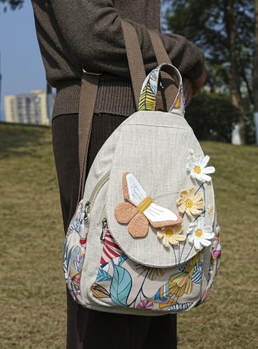 Image of Womens Boho Cotton Hemp Cloth Backpack Boho Vintage Embroidered Casual Purse Handbags Messenger Bag Swan