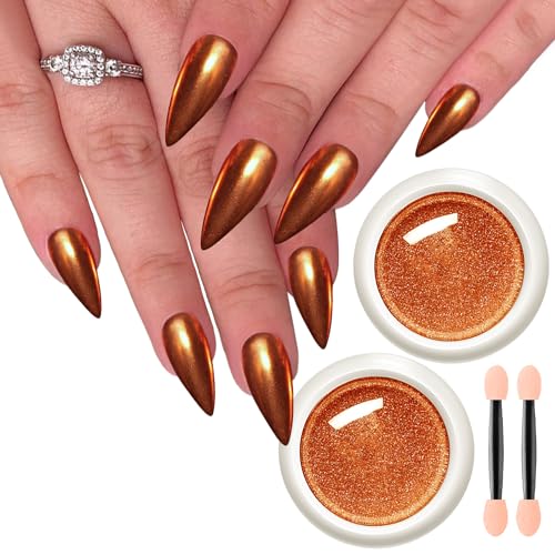 Fokostar 2Pcs Copper Chrome Nail Powder for Gel Nails Orange Red Pearl Metallic Mirror Effect Solid Nail Glitter Dust Pigment Manicure Polish Design Decorations with Tool