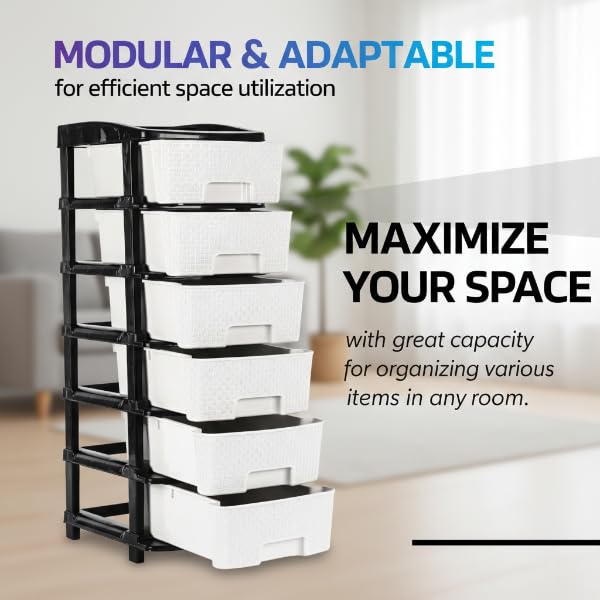 Image of KITCHIVO Plastic Modular Drawer Storage Chest Of Drawers Organizer Storage Box, Large Stomo Racks For Multipurpose Anti-slip Shoes Organizers (White & Black, 6 Layer)
