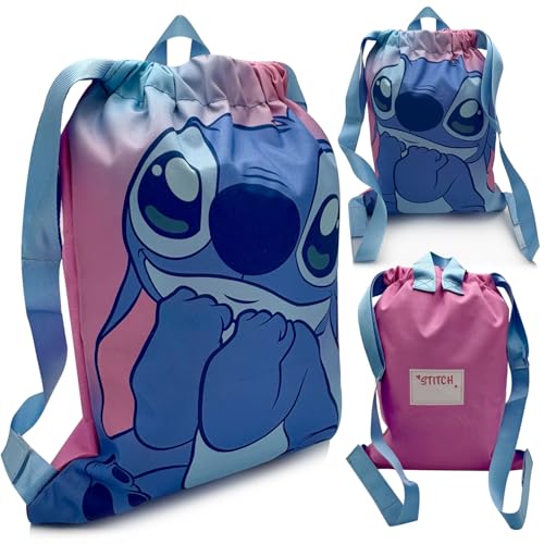 The Geeky Pop Stitch – Mochila Saco Niña 4-12 Años – Bolsa Deporte Natación Piscina Playa 100% Poliéster – 32x24,5 cm – Azul y Rosa – Regalo Cumpleaños